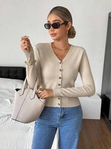 SHEIN Frenchy Cárdigan casual de manga larga de un solo abotonamiento de unicolor para uso diario, blusas de manga larga para mujer