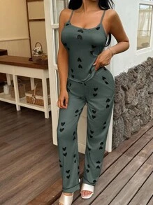 SHEIN 女士心形印花针织吊带背心和休闲裤睡衣套装，舒适休闲，四季皆宜 - 綠色 - 查看 5