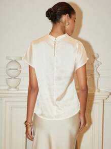 Islaluna Mock Neck Batwing Sleeve Satin Blouse - Apricot - View 2