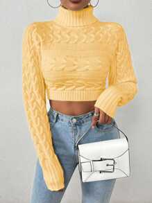 Chiquease Women High Neck Long Sleeve Crop Sweater With Cable Cable Pattern Knit Pullover Fall Winter - Butter Yellow - View 3