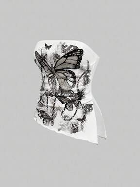 Fairycore Vintage Butterfly Chain Design Sexy Halter Crop Top, Tube Allover Print Blouse For Women