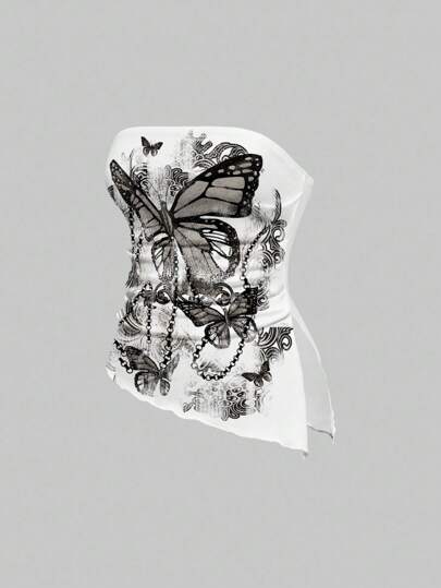 Fairycore Top corto sexy e fasciante con motivo vintage a farfalla e catena, blusa a fascia allover stampata per donne
