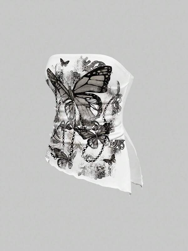 ROMWE Fairycore Top corto halter sexy tipo vintage con diseño de cadena de mariposas, blusa tubo con estampado de todo el tejido para mujeres