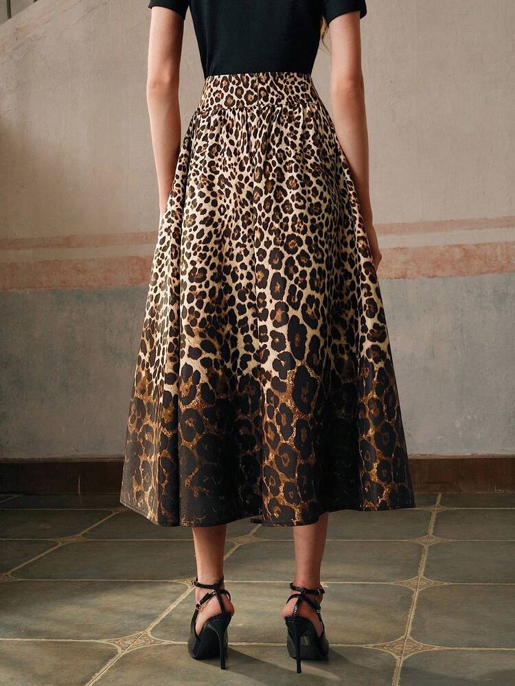 Retro Ombre Leopard Print High Waisted A-Line Midi Skirt For Women, Vacation Style
