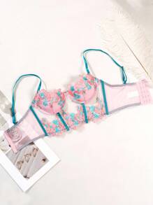 SHEIN 优雅花卉刺绣网布衬垫钢圈文胸 - 粉色 - 查看 5