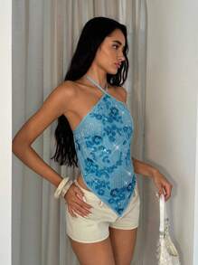 Glamine Women's Sexy Backless Halter Neck Vacation Beach Top With Glitter & Bead Decor, Summer Blue Sequin Top Sequin Top Women Blue Sparkly Top Bling Top Rhinestone Top Halloween Rhinestone Shirt, Christmas