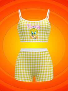LOONEY TUNES X SHEIN Tween Girl Plaid And Cartoon Pattern Camisole Top And Boxer Shorts Undershirt Set - Purple - View 5