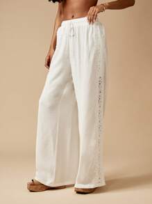 MISSGUIDED Quần ống rộng Palazzo Linen Look có họa tiết Broderie Anglaise ở bên hông, trang phục thường ngày cho kỳ nghỉ hè tại khu nghỉ dưỡng bãi biển - trắng - Xem 1