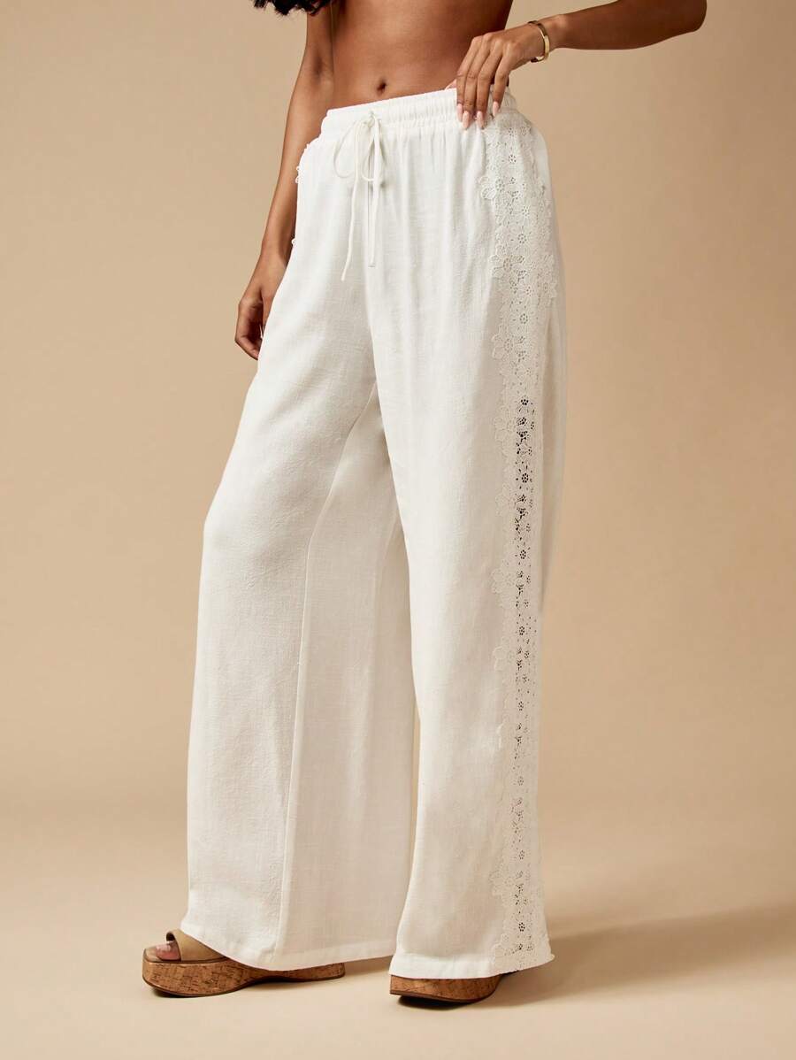 MISSGUIDED Quần ống rộng Palazzo Linen Look có họa tiết Broderie Anglaise ở bên hông, trang phục thường ngày cho kỳ nghỉ hè tại khu nghỉ dưỡng bãi biển - trắng - Xem 1