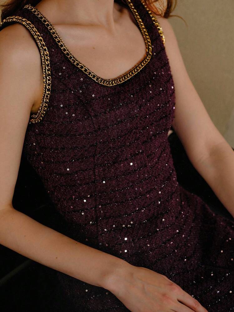 TWEED SEQUINS CONTRAST CHAIN TAPE TRIM SLEEVELESS SHORT DRESS