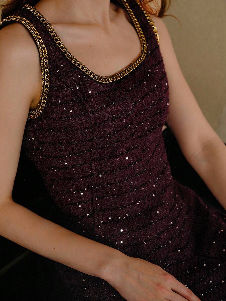 MOTF PREMIUM TWEED SEQUINS CONTRAST CHAIN TAPE TRIM SLEEVELESS SHORT DRESS