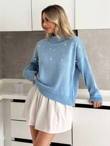EURMUSE 柔软针织圆领毛衣，缀有散落的珍珠装饰 - 淺藍色 - 查看 7