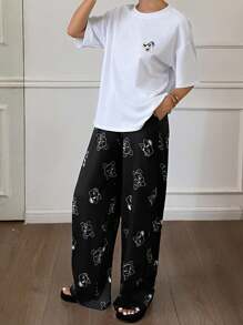 DAZY 女士卡通印花宽松T恤和全长睡裤套装 - 白色 - 查看 3