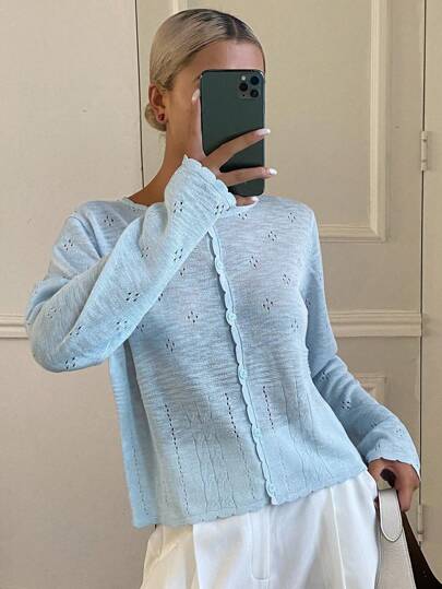 Livesso 女士纯色宽松镂空蕾丝边长袖休闲度假轻便开衫毛衣，秋季女装