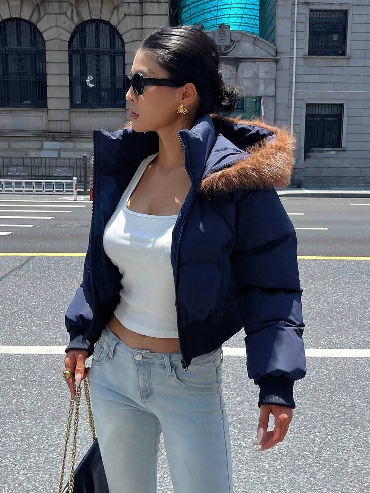 Women's Fur Collar Hooded Long Sleeve Short Fitted Casual Street Thick Padded Coat, Autumn/Winter Jacket