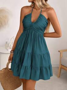 Breezaya 女士春夏单纤维竹针织波西米亚沙滩装褶皱褶皱胸部分层蛋糕裙连衣裙，配有可调节吊带 - 水鴨藍 - 查看 7