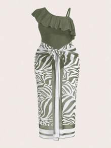 Swim Oasis 2pcs Plus Size Women Ruffled Collar Random Print One-Piece Swimsuit With Matching Skirt Coverup - Olive Green - View 6