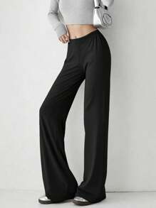 INAWLY 女士纯色松紧腰直筒宽松休闲裤 - 黑色 - 查看 3