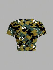 Discovery X SHEIN Damen Tier- und Camouflage Grafik Rundhalsausschnitt Kurzarm figurbetontes T-Shirt - Weiss - Übersicht 2