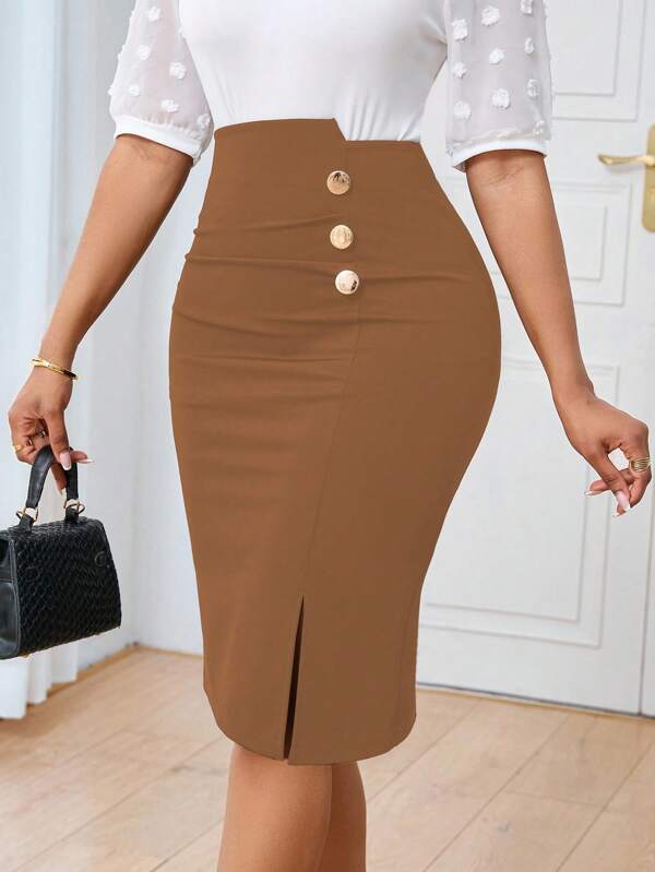 Lyxana Women Simple Solid Color Pleated Split Hem Elegant A-Line Skirt, Office Commuting Office Skirt
