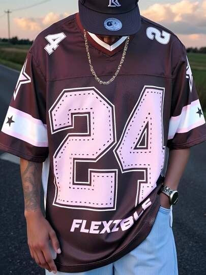 Manfinity EMRG Men's Casual V-Neck Short Sleeve Jersey T-Shirt With Digital Print, Summer