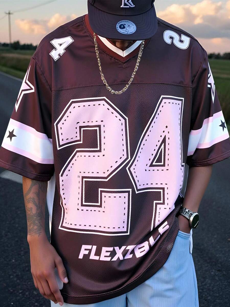 Manfinity EMRG Men's Casual V-Neck Short Sleeve Jersey T-Shirt With Digital Print, Summer - Brown - View 1