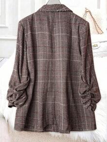 SHEIN Clasi 大码女式千鸟格领褶饰长袖休闲西装外套 - 紅色 - 查看 3