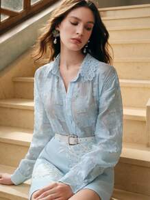 Anewsta Áo cánh tay dài hở vai, cổ khoét sâu, đính ren pha lê Jacquard có họa tiết - Màu xanh lam - Xem 1