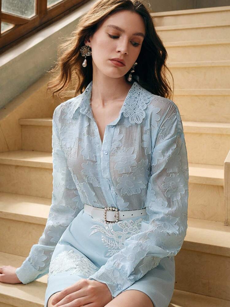 Textured Jacquard Rhinestone Lace Hollow Collar Drop Shoulder Long Sleeve Blouse