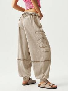 Bohemela Quần dài cạp cao dệt kim màu trơn rộng rãi cho nữ có dây rút - Màu be - Xem 2