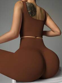 SHEIN Sports Seamless Ribbed Knit Sports Set Workout Women Set Gym Women Outfit - Coffee Brown - View 2