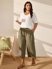 EMERY ROSE 大码女式纯色V领落肩短袖休闲棉质衬衫 - 白色 - 查看 4