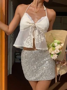 Serisse Áo hở lưng thêu gợi cảm cho nữ, trang phục đi nghỉ - Màu be - Xem 3