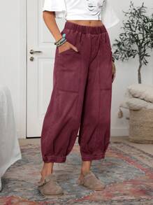 EMERY ROSE 女士休闲水洗复古灯笼裤牛仔裤女休闲裤松紧腰裤女式口袋灯笼裤七分裤 - 紅色 - 查看 6