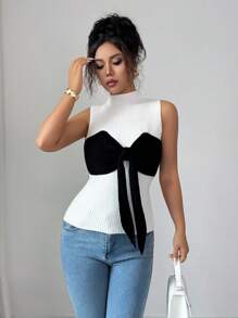 Rafferiza Elegancki damski sweter bez rękawów z kolorowymi blokami i kokardą - Czarne i Białe - Zobacz 4