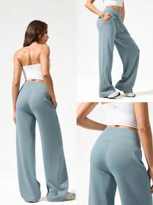 GLOWMODE 莫代尔丝绸触感阔腿高腰休闲裤，带侧袋，日常休闲秋季 - 0.霧綠 - 查看 6