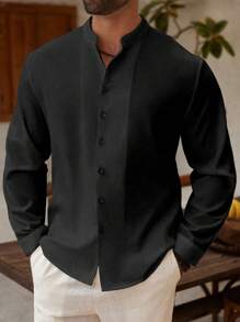 Genlund 大码男士休闲纽扣长袖衬衫，简约日常穿着 - 黑色 - 查看 3