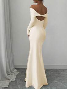 Rafferiza 性感优雅修身长袖束腰双层露肩露背扭纹鱼尾下摆罗纹针织连衣裙，白色，秋冬长款女装 - 卡其色 - 查看 2