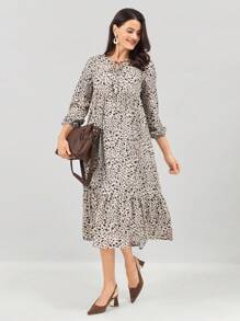 Miaspire 女式拼布碎花领口荷叶边下摆连衣裙 - 彩色 - 查看 1