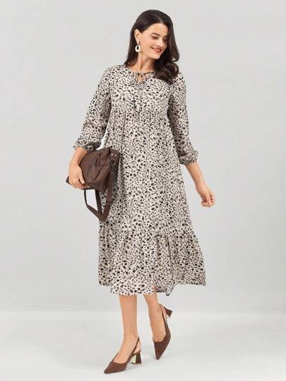 Miaspire 女式拼布碎花领口荷叶边下摆连衣裙