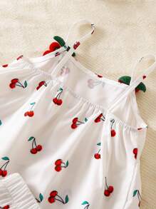 年轻女孩樱桃印花荷叶边下摆吊带背心和短裤套装 - 彩色 - 查看 4