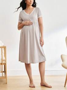 Moonlight&Mama Maternity Contrast Lace Trim Button Front Nightdress For Mother, Pajama Dress - Grey - View 1