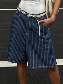 DAZY 女式宽松街头风格条纹直筒七分牛仔短裤 - 深色水洗藍 - 查看 7