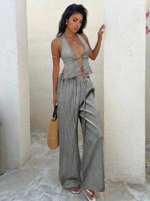 Aloruh Women's Sexy Vacation Style Gingham Print Backless Tie Front Crop Tank Top And Loose Drawstring Waist Wide Leg Pants 2 Pieces Set - Black and White - View 6