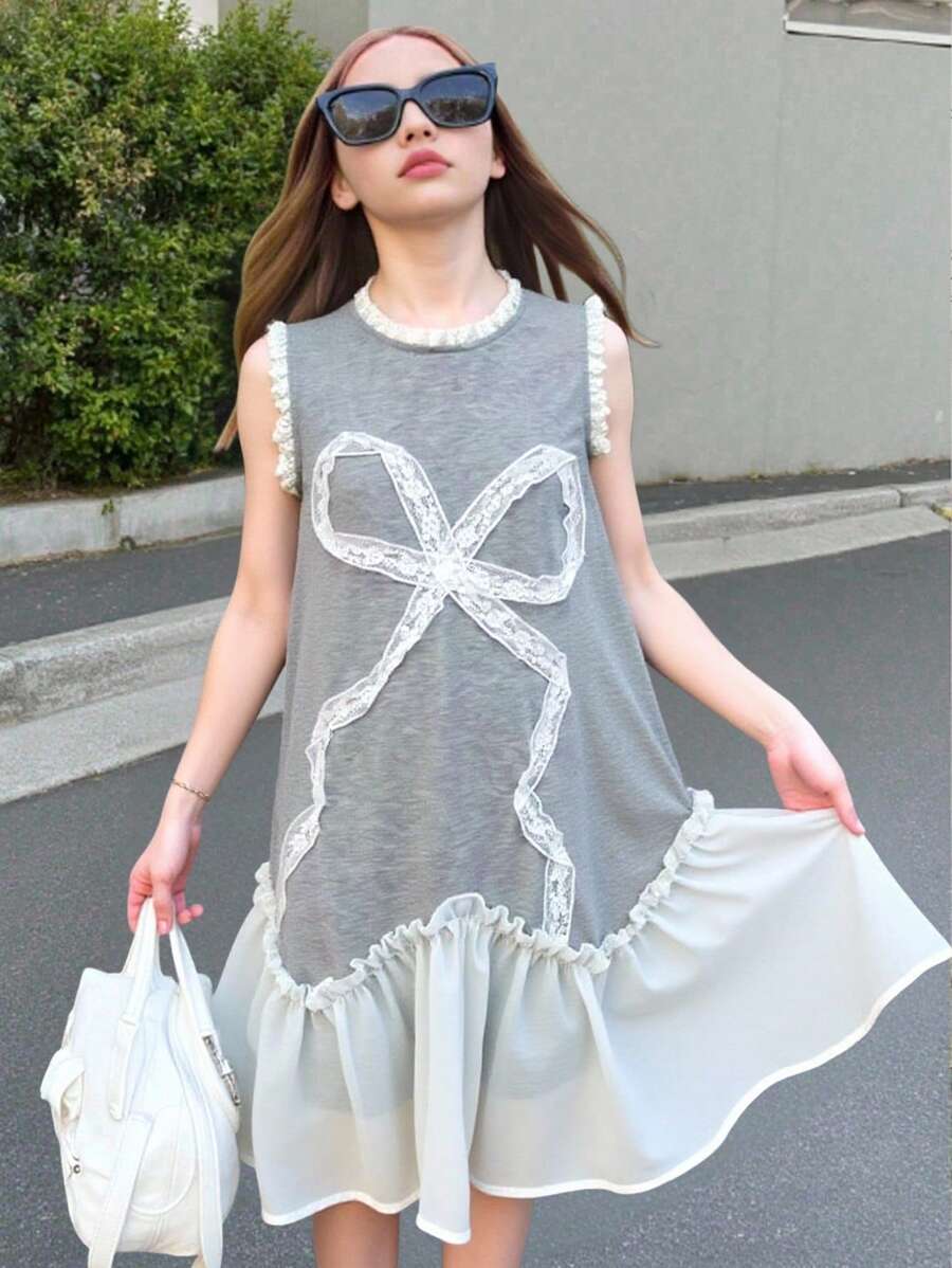 Tween Girls Asymmetrical Mesh Contrast Lace Bow Sleeveless Dress - White - View 1