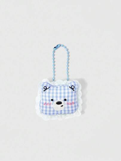 Kawaii Porte-clés en forme d'ours en peluche à carreaux bleus, pendentif ornemental mignon et doux avec chaîne de perles, décoration de breloque de sac à main