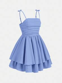 SHEIN Girlism Teen Girl Solid Color Ruched Double-Layer Casual Camisole Dress Blue Bodice Mermaid Knitted Spaghetti Straps Mini - Blue - View 3