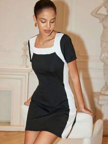 Islaluna Women's Elegant Black & White Short Sleeve Square Neck Dress, Spring/Summer - Black and White - View 5