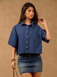 SHEIN Forever 21 Women's Solid Color Short Sleeve Denim Blouse, Fashionable For Summer - Blue - View 1