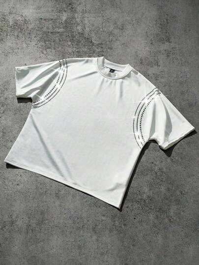 PAVTROS 男士高级闪亮透明黑钻装饰白色短款T恤